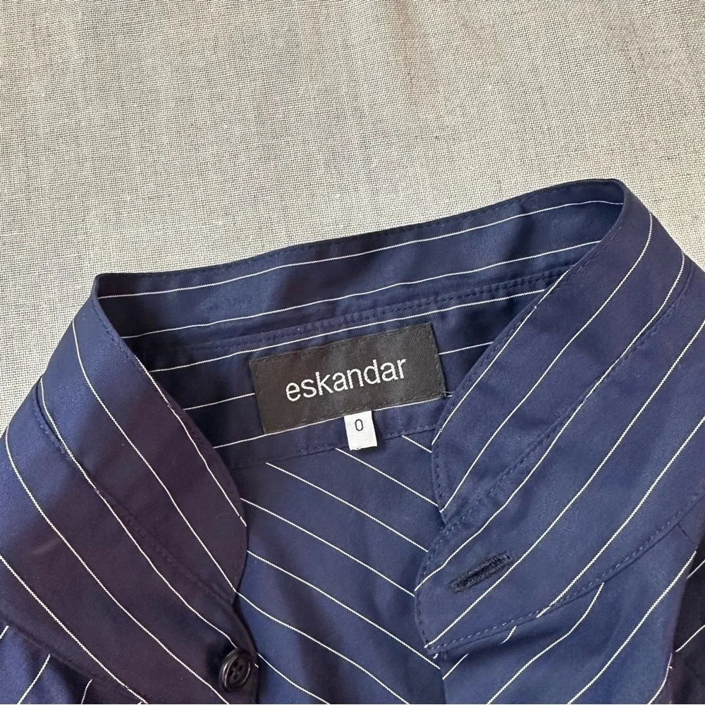 Eskandar Double Stand Collar Botton Shirt Navy Stripe Patchwork Cotton Luxury - Picture 6 of 13